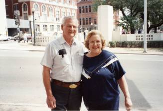 Photograph of Jim Leavelle and Jean Hill on the set of the movie "JFK"