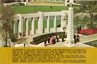 Postcard titled "Kennedy Marker", showing the Kennedy Marker in Dealey Plaza