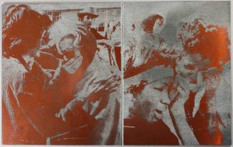 Photo printing plate with two images of mourners outside Parkland Hospital