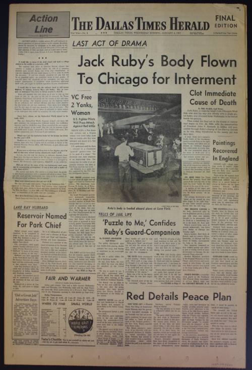 Dallas Times Herald newspaper, 01/04/1967, featuring news of Jack Ruby's death